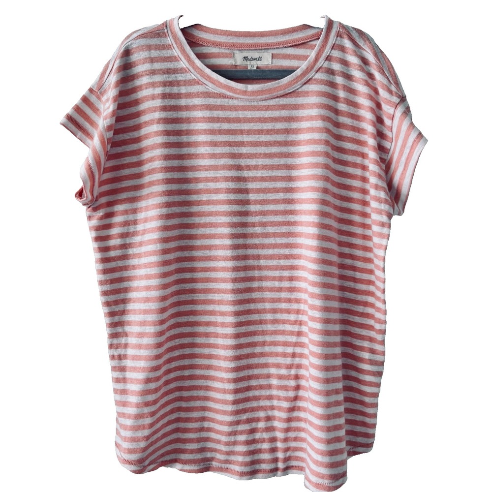 Madewell Size XS Linen Blend Striped Tee Coral White Relaxed Coastal Slub Top